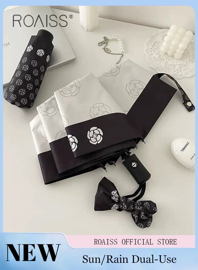 Women's Automatic Sunshade Umbrella Camellia-Print Tri-Fold Eight-Rib Fresh-Style Sun Protection Umbrella Dual-Use Black-Coated Sun Umbrella for Rain or Shine Portable UV Protection