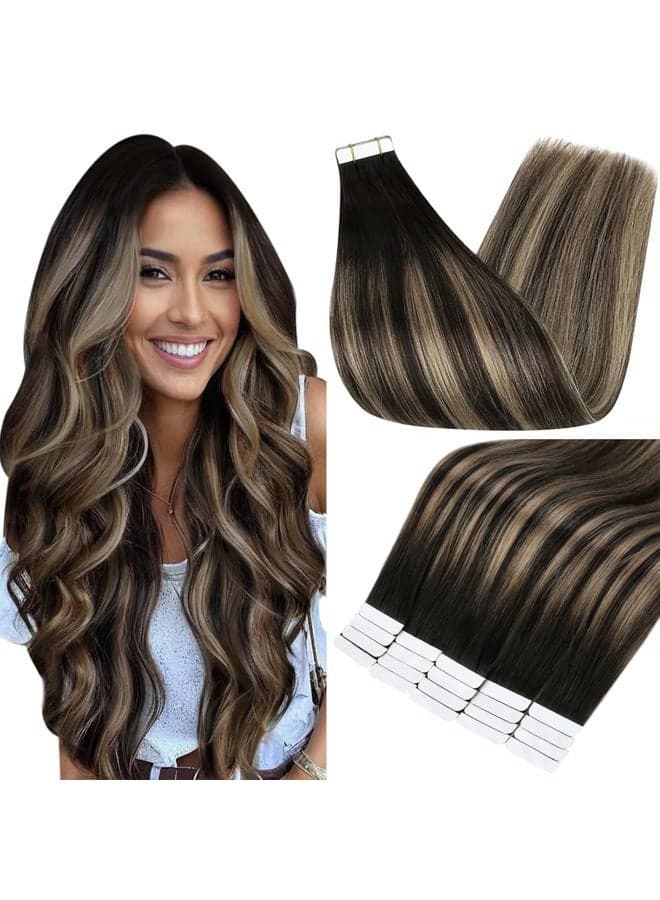 Full Shine Tape in Extensions Human Hair 16 Inch Human Hair Extensions Tape ins Color 1B/27/1B Black with Blonde Ombre 20PCS Natural Tape Ins Human Hair Extensions 50g for Women