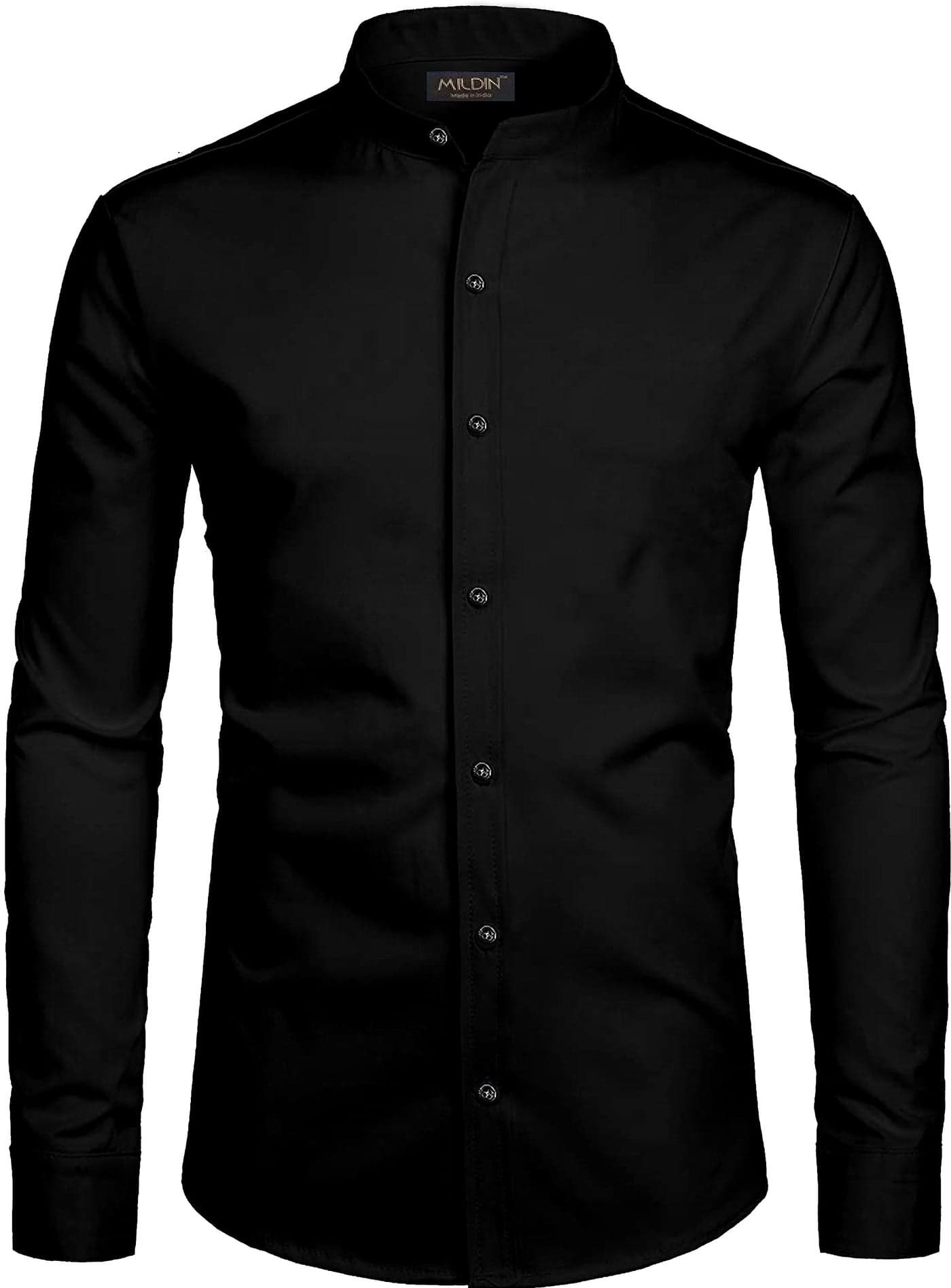 MILDIN Men's Cotton Blend Solid Shirt with Mandarin Chinese Collar Full Sleeve Curved Hemline Button Closure Slim Fit | Shirt for Man Branded | Black Chinese 2 - XL