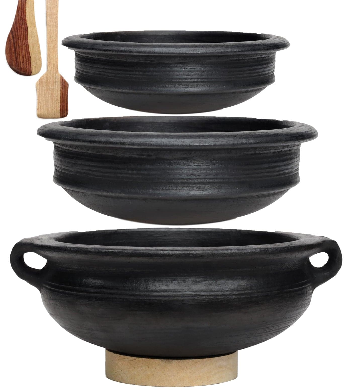 Craftsman India Online Deep Burned Clay Handi/Pot For Cooking And Serving Combo 1, 1 & 2 Liter, Matte Polished, Black