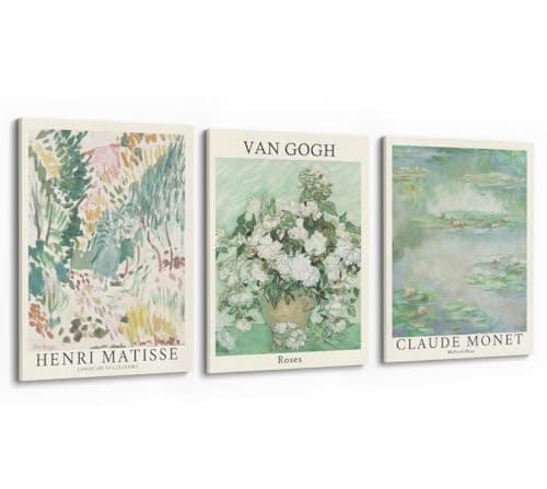 MINI ZOZI Sage Green Canvas Framed Wall Art Set Of 3 Matisse Van Gogh Monet Flower Prints 12x16 Wall Decor Large Mid Century Modern Aesthetic Over Bed Poster Painting Master Bedroom Living Room