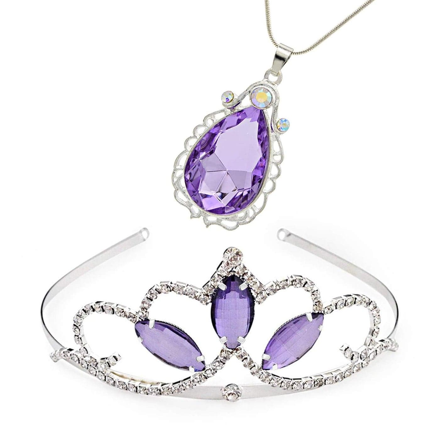 Vinjewelry Sofia the first Amulet Princess Crown Waterdrop Pendant Necklace for Girls Birthday Headband Christmas Gift