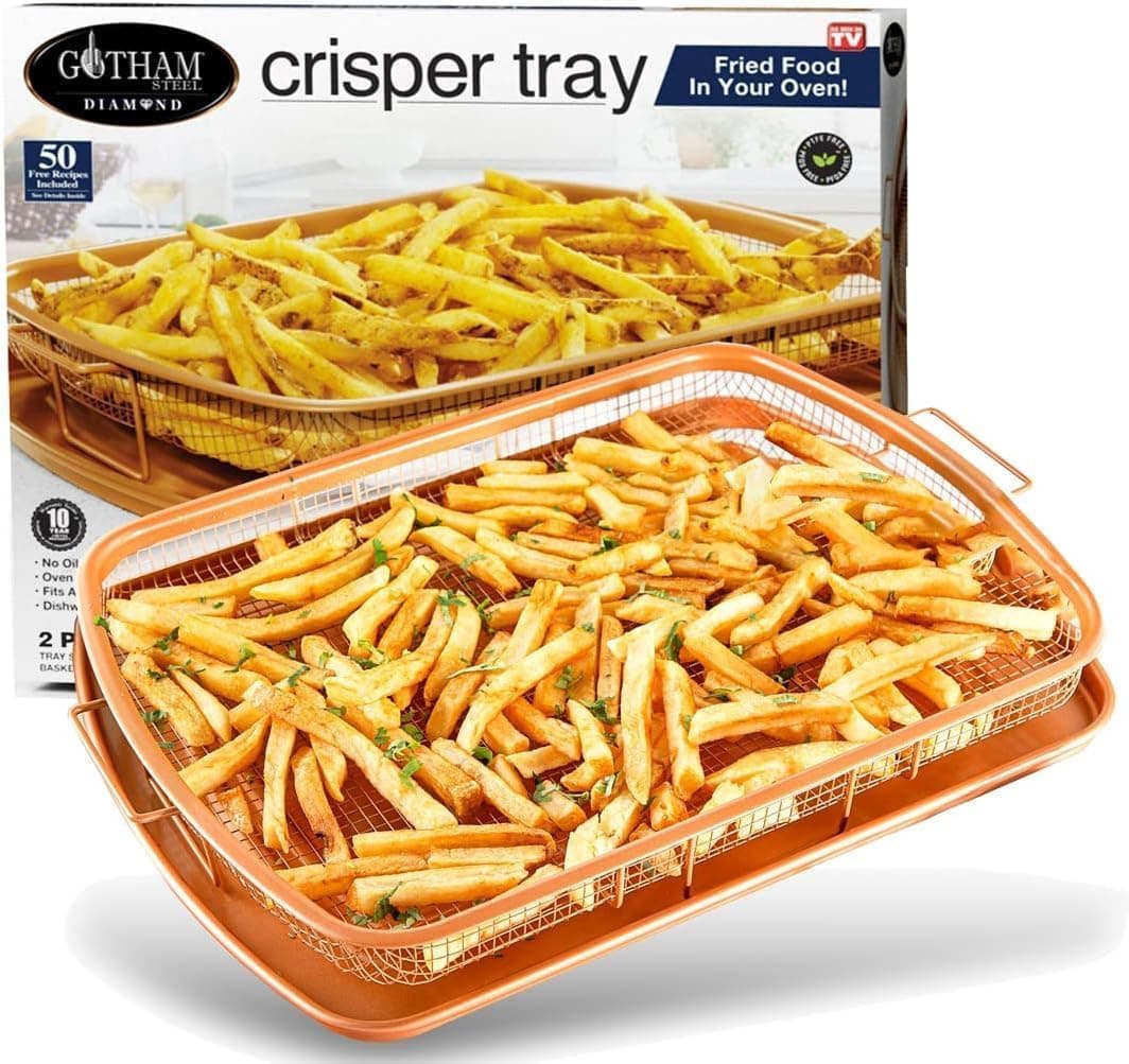 Gotham Steel Air Fryer Basket for Convection Oven, 2 Piece Nonstick Copper Crisper Tray, Also Great for Baking & Crispy Foods, Dishwasher Safe – XXL 16.5” x 12.5”
