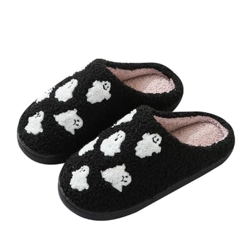 V OPXIN Halloween Slippers for Women Men Pumpkin Spooky Ghost Slippers Cozy Plush Warm Slipon House Slippers Shoes for Indoor Outdoor Halloween Gifts