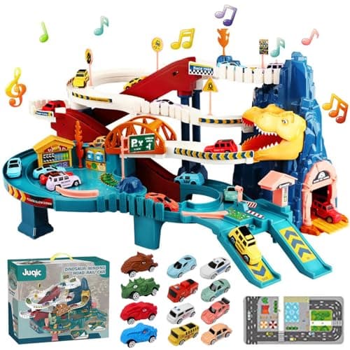 Toy Car Ramp Track Dinosaur Climbing Hills Railcar Colorful Vehicles Construction Play Set with 12 Mini Racer Cars and Track for Preschool Gifts Kids Ages 3 Years and Older Dinosaur Hill