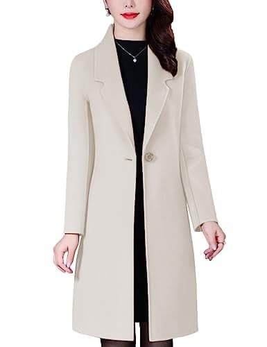 Bankeng Women's Elegant Wool Blend Coat Mid-Length Slim Fit Notched Lapel Warm Winter Coats(Z-Beige,L)