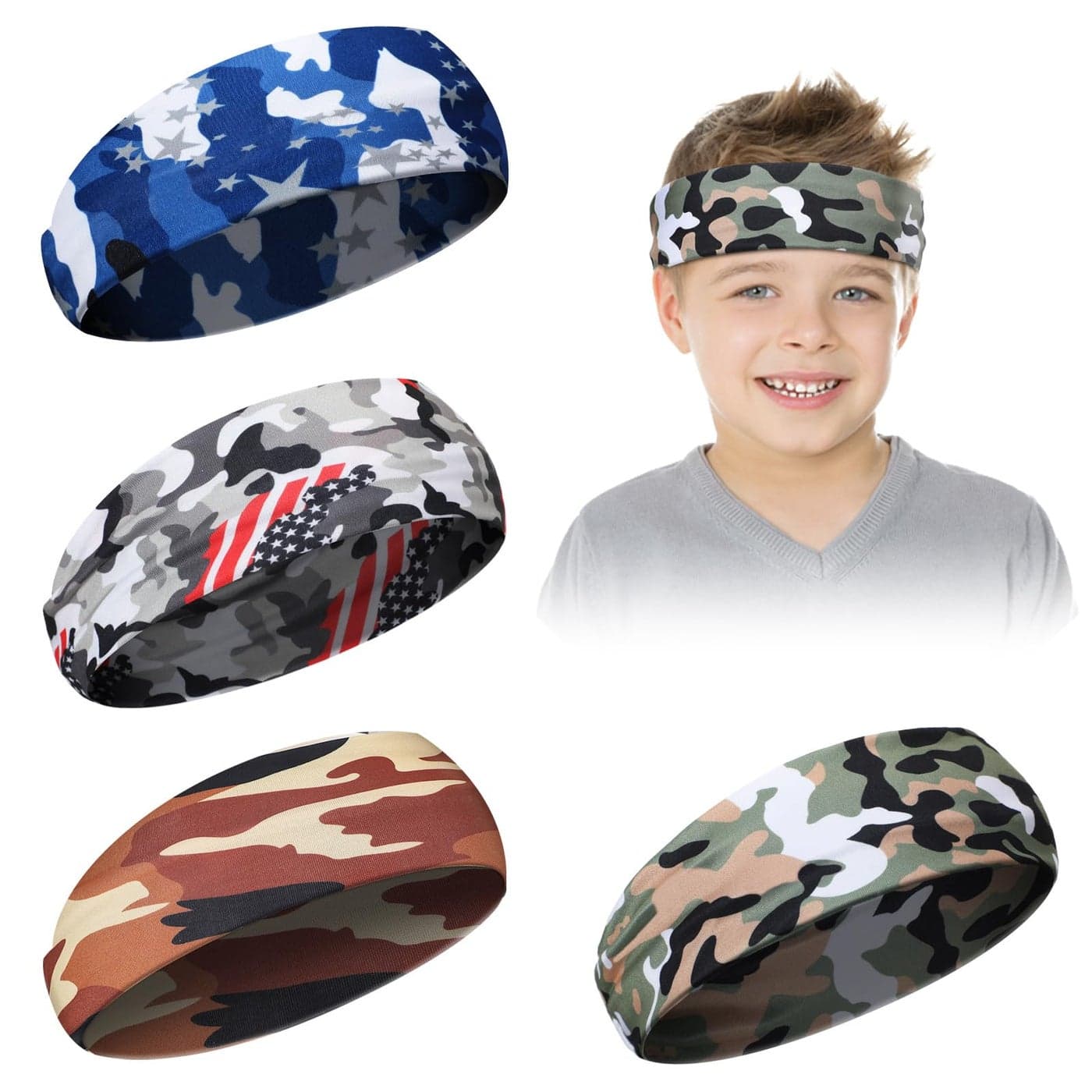 4 Pieces Kids Sports Headbands Athletic Sweatbands Headband Wicking Elastic Hairband for Girls and Boys Toddler Children (Camouflage Color)