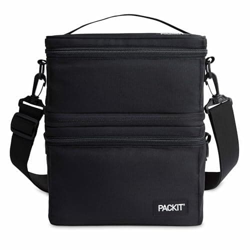 PackIt MOD 3-IN-1 Lunch Box, Black, Triple Function System, Insulated and Freezable with ECOFREEZE Technology, Removable Crossbody Strap, Top Handle, Designed for Fresh Office or Work Lunches