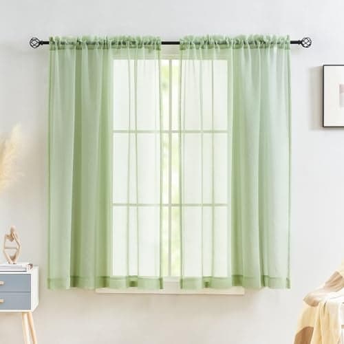 MYSTICHOME Sheer Curtains Sage Green 45 Inch Length Rod Pocket Voile Drapes for Living Room Bedroom Window Treatments Semi Crinkle Curtain Panels for Patio Villa Parlor Set of 2 52x 45
