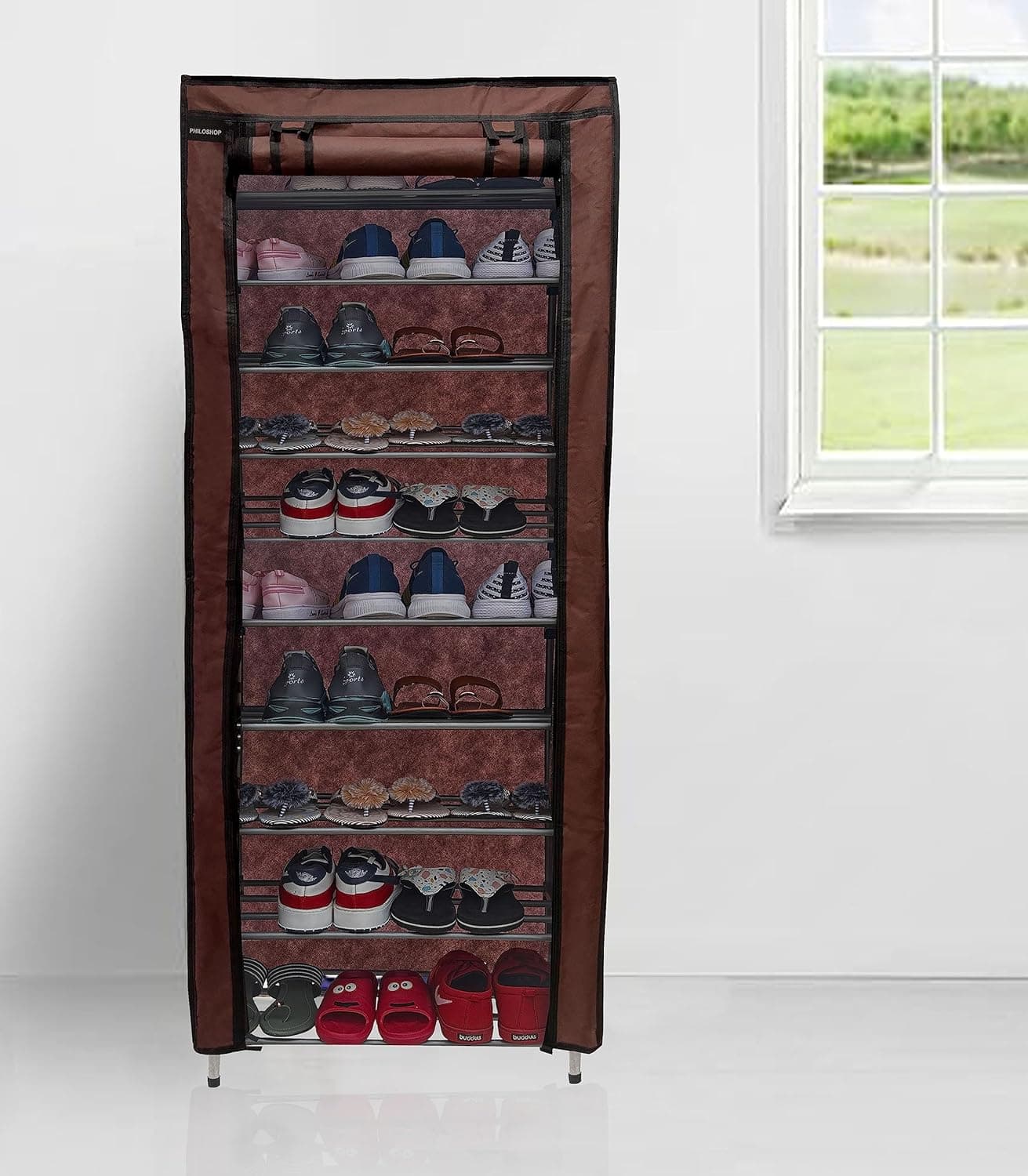 SANAMSTORE Metal 9 Tier Rack ShoeClothesbooks stand Rack with cover for home Need to Be Assemble DIY Brown Cm