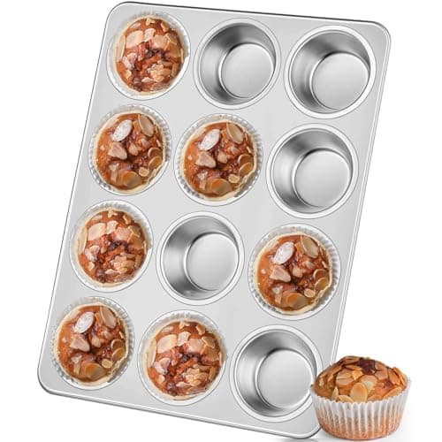 Leonyo 12-Cup Cupcake Pan, Stainless Steel Standard Size Cupcake Pans Tray for Baking, Metal Non-Toxic Muffin Tins, Dishwasher Oven Safe
