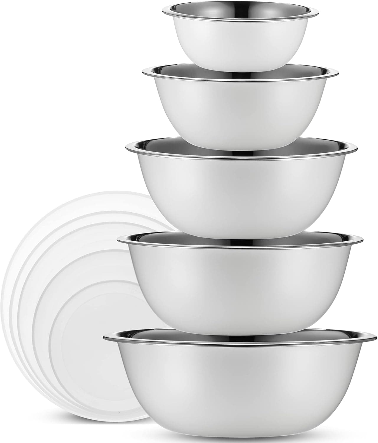WHYSKO Stainless Steel Mixing Bowl Set 10 Piece Stainless Steel Mixing Bowls with Lids Set for Food Prep Storage and Serving Dishwasher Safe Microwave Safe for Kitchen Baking Cooking White