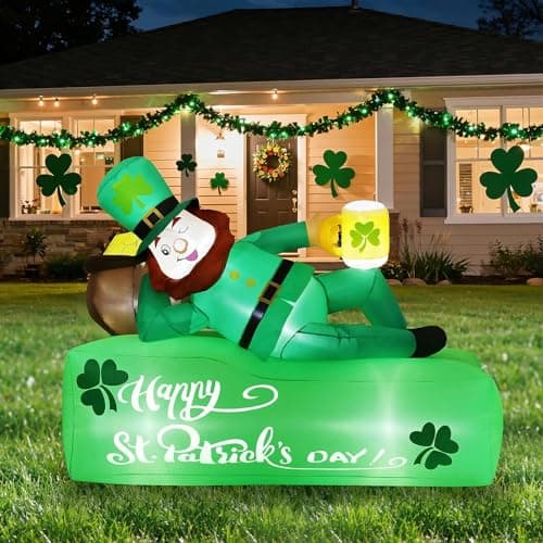 Lewondr 5.9FT St Patricks Day Inflatable Outdoor Decorations, Inflatable Leprechaun Lay on The Bed with Shamrocks, Blow up Yard Decoration with 6 Build-in Lights for Holiday Party Yard Lawn Garden