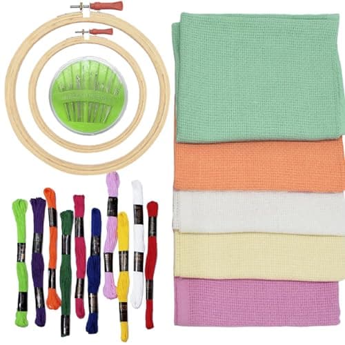 Asian Hobby Crafts Embroidery Kit for Beginners | Art & Craft Hobby Set for Kids, Teens & Adults | Cross Stitch DIY Sewing Kit with Fabric, Hoop Ring, Threads & Needles | DIY Handmade Gift Kit (Teal, Peach, White, Pink & Cream)