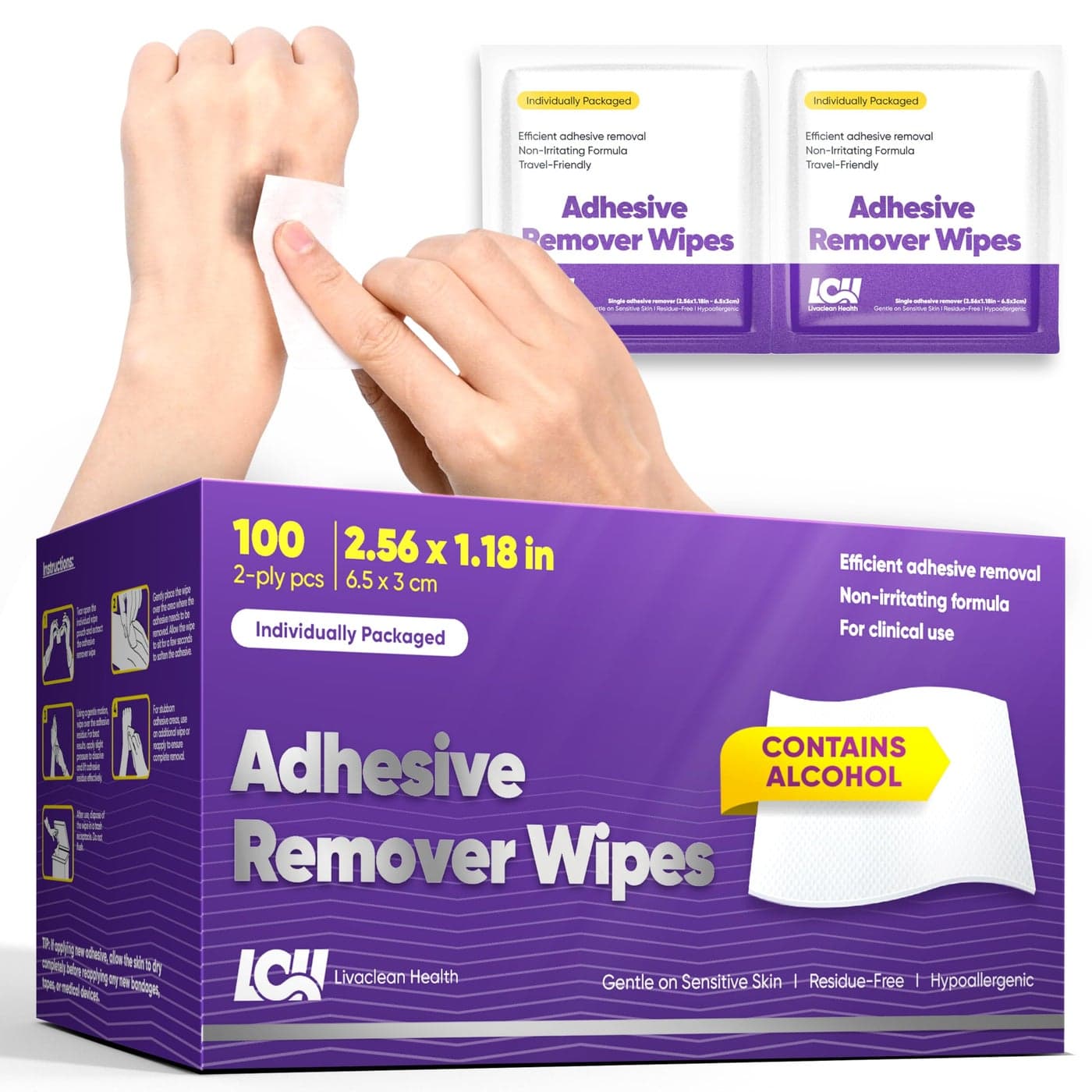 100 CT Adhesive Remover Wipes Strong Effective Skin Adhesive Remover 2 Ply 256x118in 65x3cm Medical Adhesive Remover for Bandage Tape Dressings and Ostomy Residue By Livaclean Health