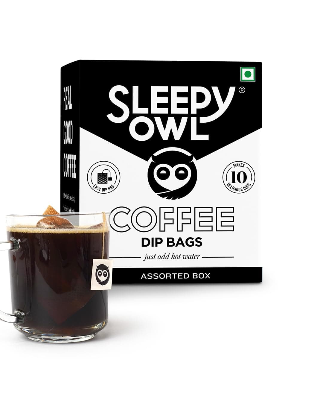 Sleepy Owl Assorted Hot Brew Drip Coffee Bags | 5 Delicious Flavours - French Vanilla, Dark Roast, Cinnamon, Hazelnut, Original | 5 Minute Fresh Brew - No Equipment Needed | 100% Arabica | 10 Serves