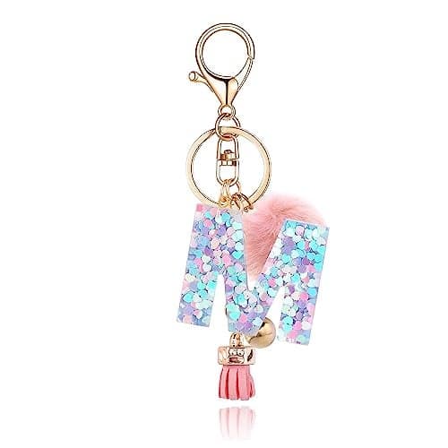 OKAICEN Pink-Purple Resin Alphabet Initial Letter Keychain Key Ring for Women Grils Purse Handbags with Faux Rabbit Fur Ball Pom('M')