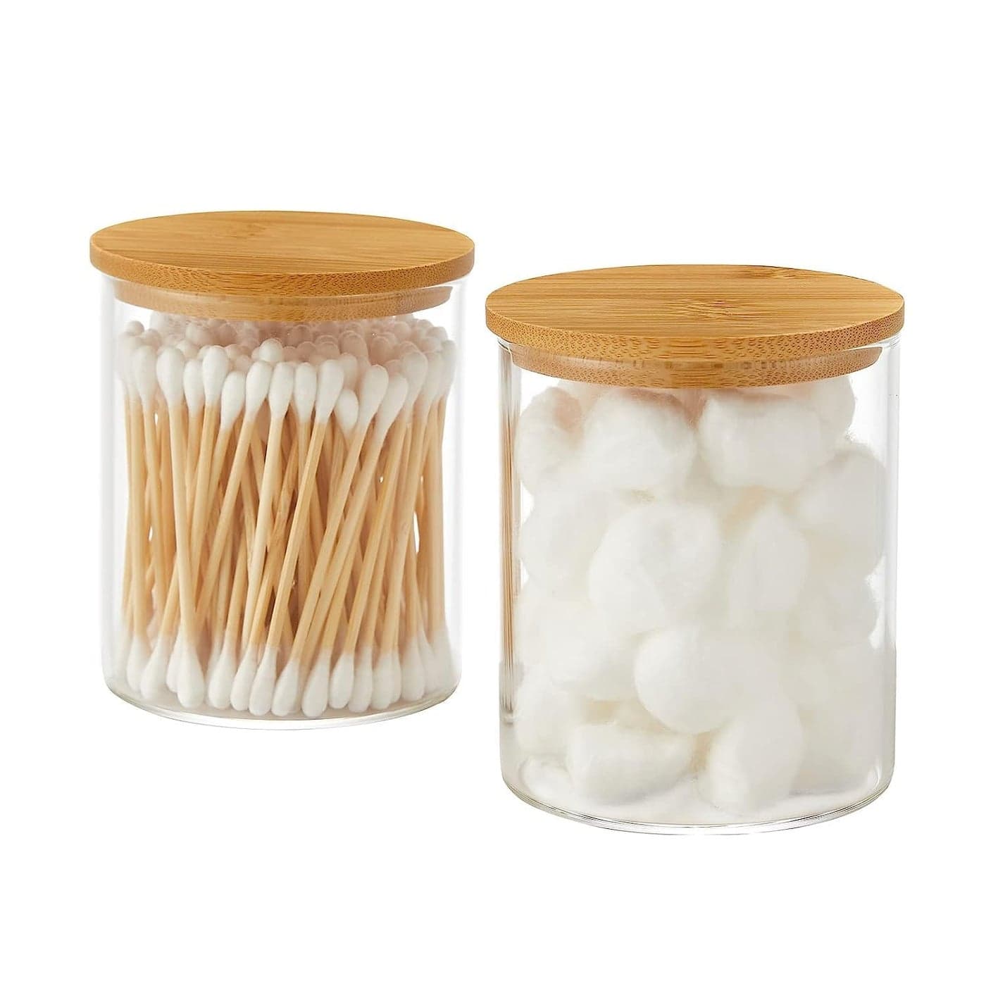 ARUZEN Dispenser Holder Glass Apothecary Jars Bathroom Canisters Vanity Jars Containers for Cotton Balls Swab Pads Round QTips Hair Ties Floss Small Things PACK OF 2