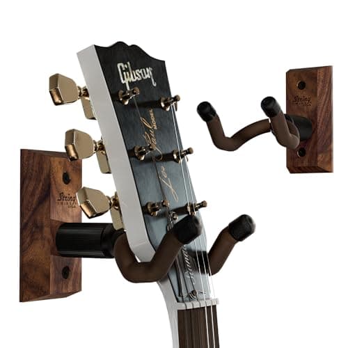 String Swing Guitar Wall Mount 2 Pack, Guitar Hangers, Wall Guitar Mount, Guitar Holder Hook for Wall, Fits All Size Guitars, Acoustic, Electric, Bass, Black Walnut Hardwood - Made in USA