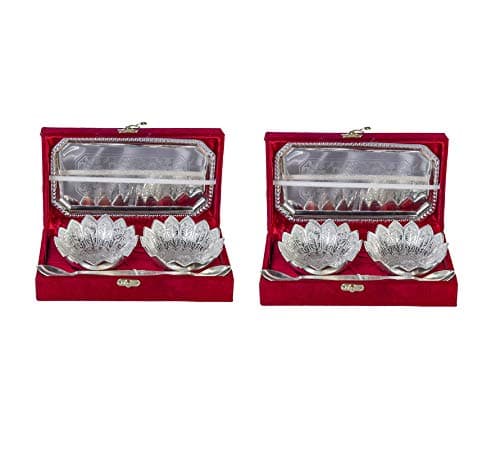 INTERNATIONAL GIFT® German Silver Round Bowl Set with Tray and Spoon with Beautiful Gift Box Packing and with Carry Bag (Set of 2 Piece)