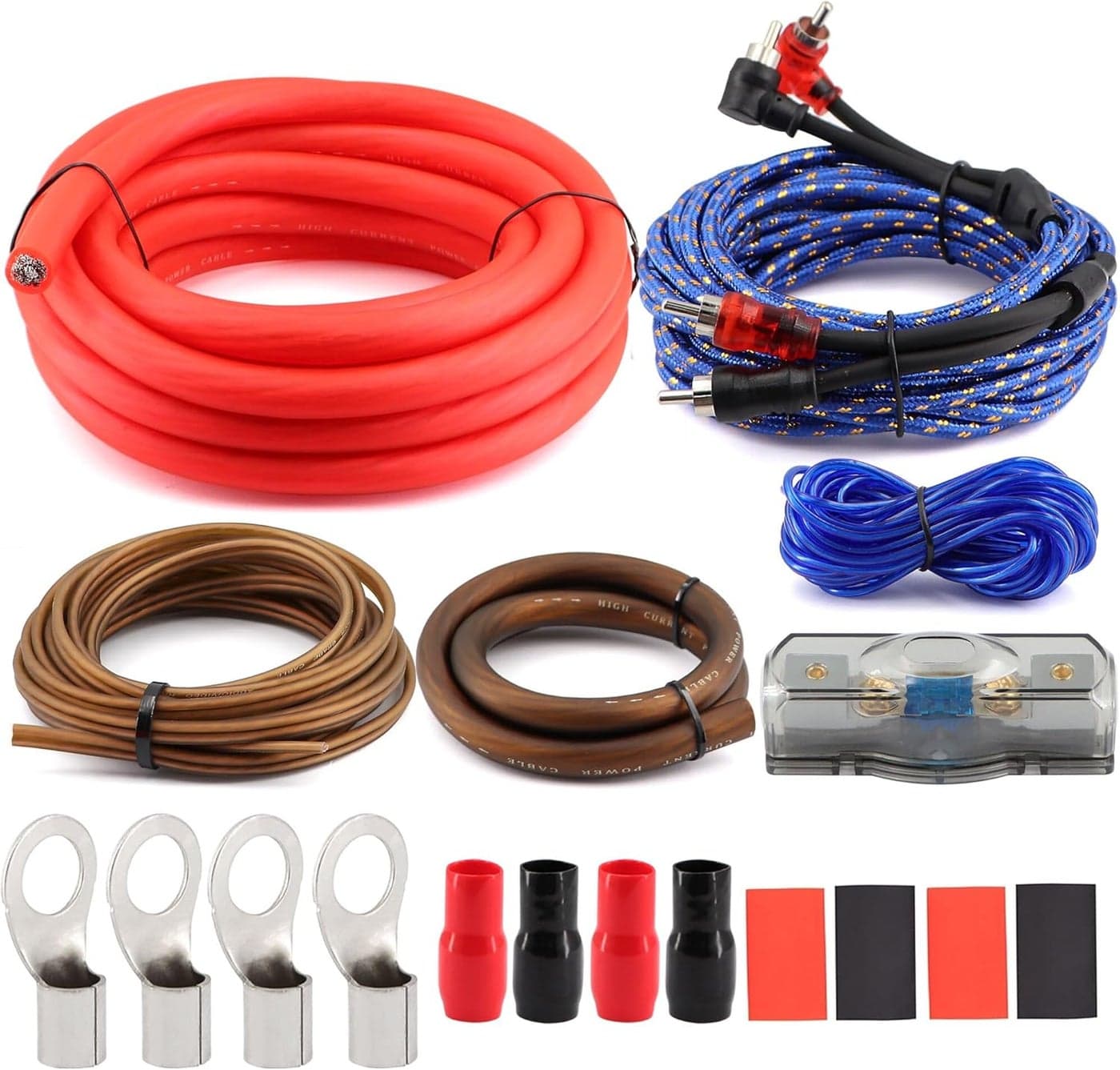 Taxutor True 0 Gauge CCA Amplifier Wiring Kit 3000W Complete - 1/0 AWG Car Audio Power Cable with Fuse Holder & RCA