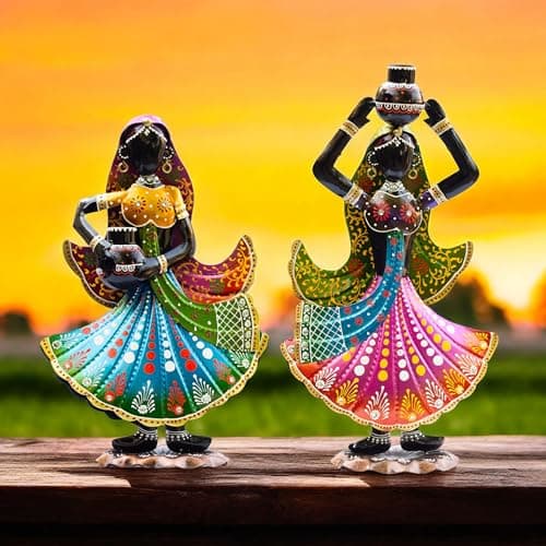 KRAFTSKALA Handcrafted Rajasthani Ethnic Village Girl Dolls Figurine - Set of 2 | Vibrant 16" Metal Showpiece for Home Decor | Ideal Gift for Housewarming, Weddings, Diwali