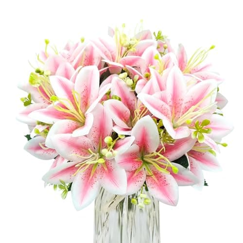 FOUSUKA 4 Bundles Artificial Tiger Lily Silk Flowers Faux Fake Lilies Plants for Wedding Bouquet Home Party Indoor Table Hotel Office Vases Floral Arrangements Outdoor Garden Decor Pink