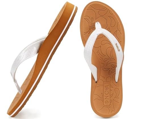 ONCAI Flip Flops For Women Yoga Mat Non-Slip Womens Flip Flops Sandals Summer Beach Slippers With Arch Support Slip On Lightweight EVA Sole White/Khaki Size 8