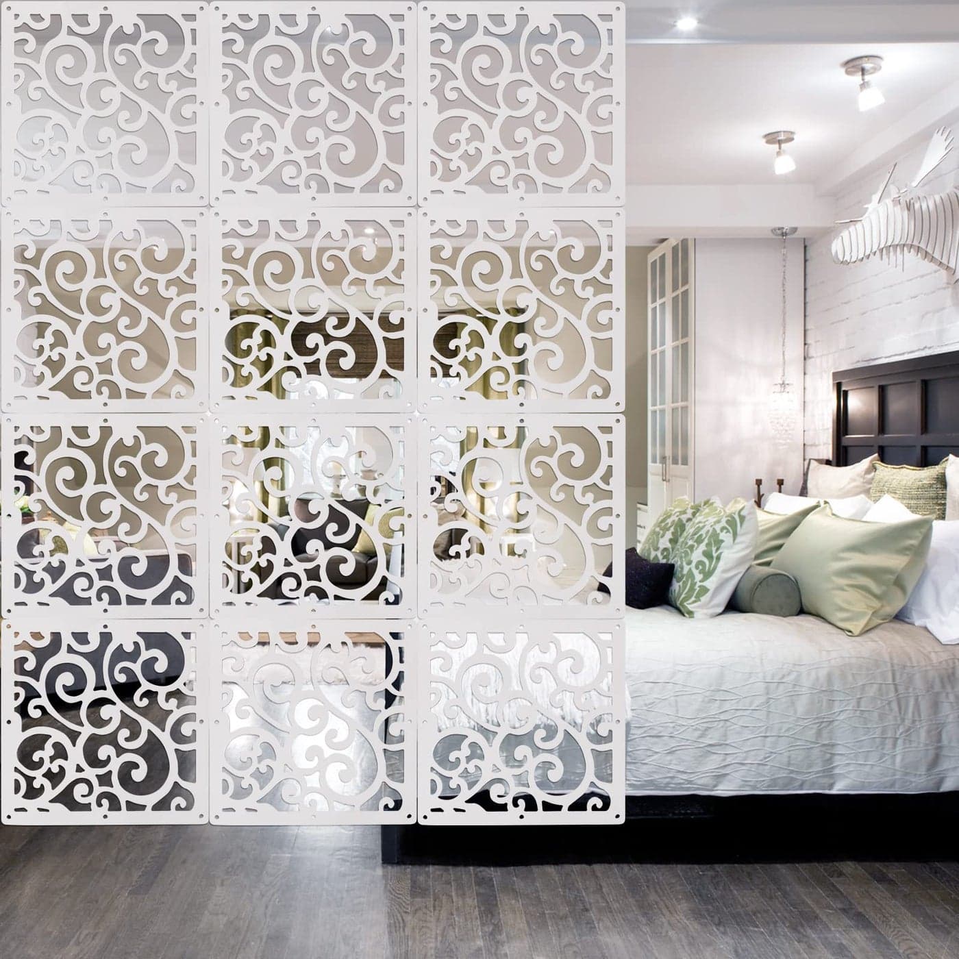 ANMINY 12 PCS Hanging Room Divider Decorative Thick Panels Floral Carving Wall Screen Hollow Out Design for Bedroom Living Dining Room Kitchen Office Restaurant Home Hotel Decor White Vine Leaves