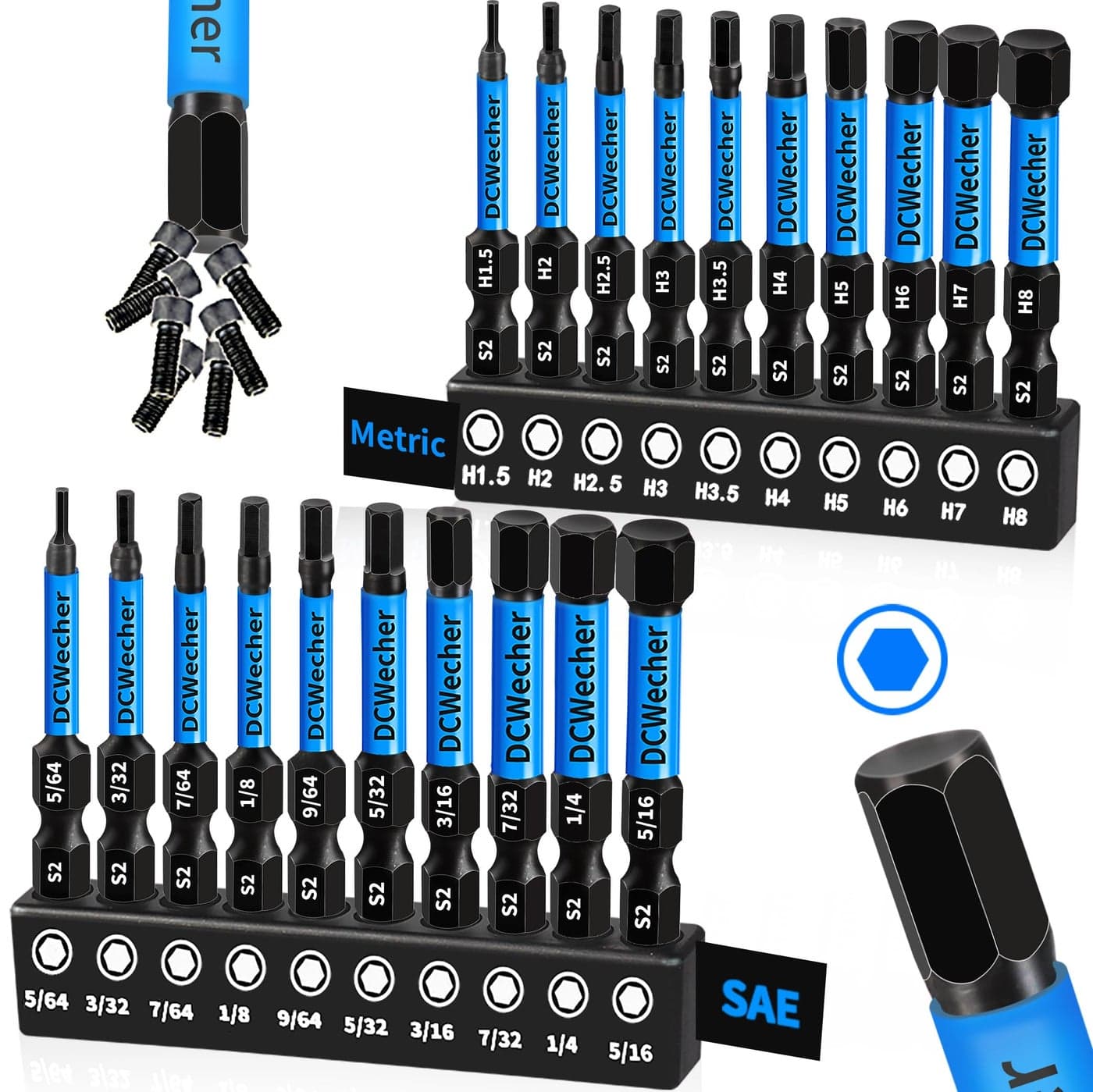 20PCS Allen KeyAllen Wrench Drill Bit Set Impact Hex Bits Metric SAE 2 Inch Long Premium S2 Steel 14 Hex Shank Magnetic Head for DIY Furniture Assembly Car Repairs by DCWecher