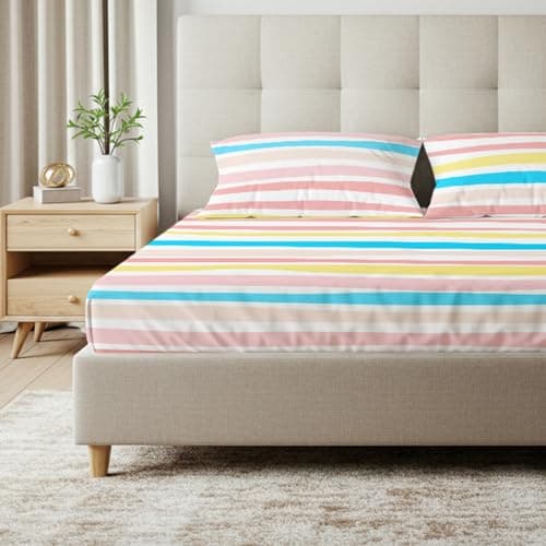 Urban Space Serene 100% Cotton 200 TC Bedsheet for King Bed, King Bedsheet Cotton with 2 Pillow Covers (Size 108 x 108 inches, Multi Colour Stripes-Pastel)