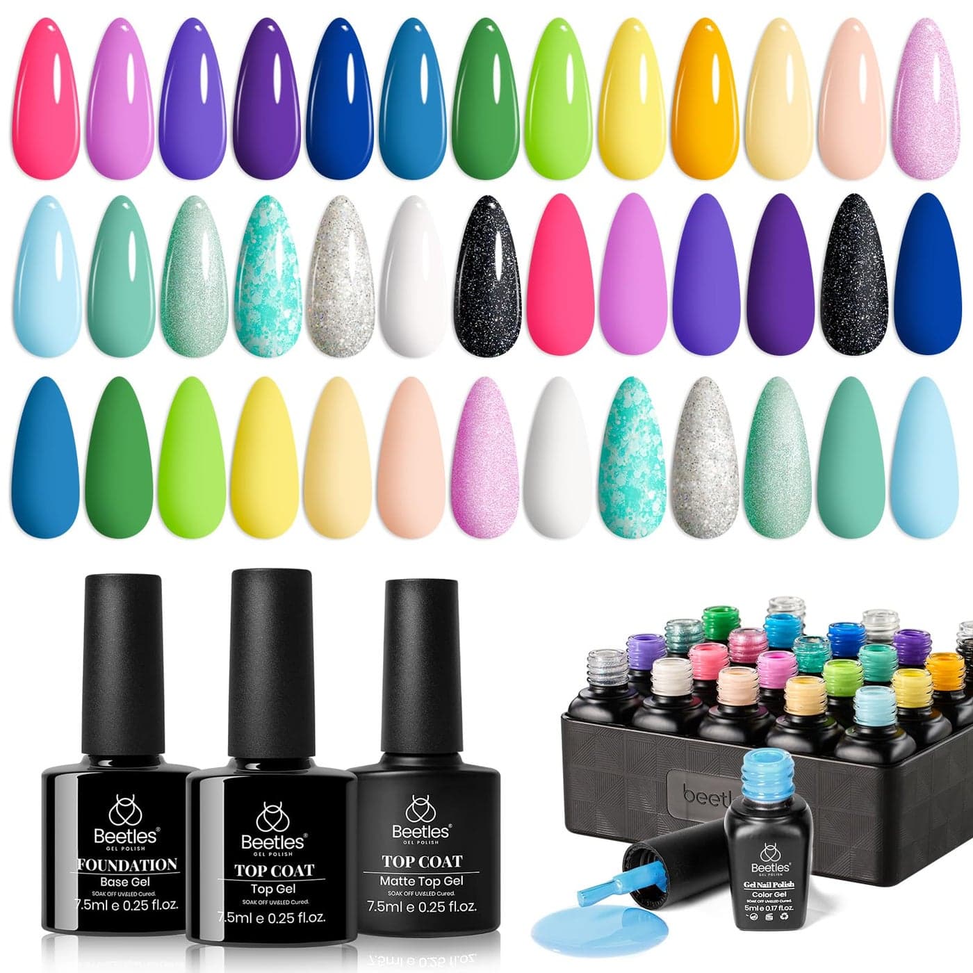 Beetles Summer Gel Nail Polish Set 20 Colors Pastel Neon Pink Yellow Green Blue White Glitter Gel Nail Polish Kit Base Coat Matte Glossy Top Coat Soak off Uv Gift for Women