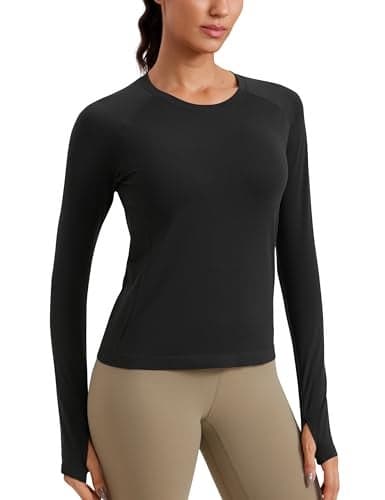 CRZ YOGA Seamless Long Sleeve Shirts for Women Waist Length Workout Athletic Running Gym Yoga Tops Crewneck Breathable Black XXSmall
