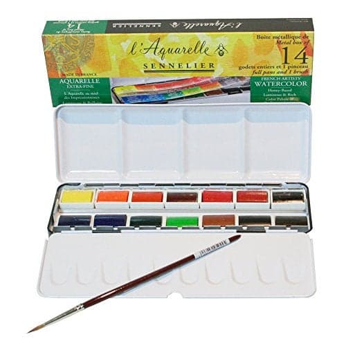 Sennelier - L'Aquarelle Professional Watercolor Paint Set (14 Full Pans) with Portable Metal Palette Box | Master Artist Grade High Honey Content