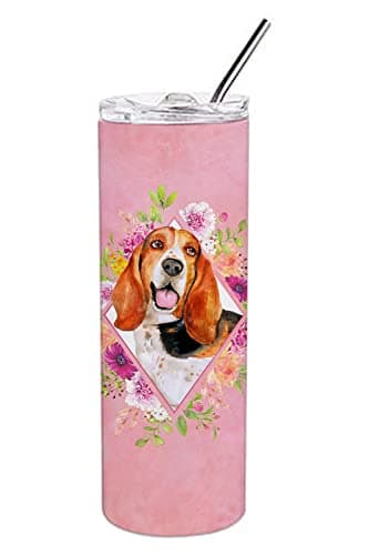 Caroline's Treasures CK4116TBL20 Basset Hound Pink Flowers Stainless Steel 20 oz Skinny Tumbler Vacuum Double Walled Reusable Insulated Tumbler Travel Cup for Coffee Cocktails Gift with Lid, 20 oz