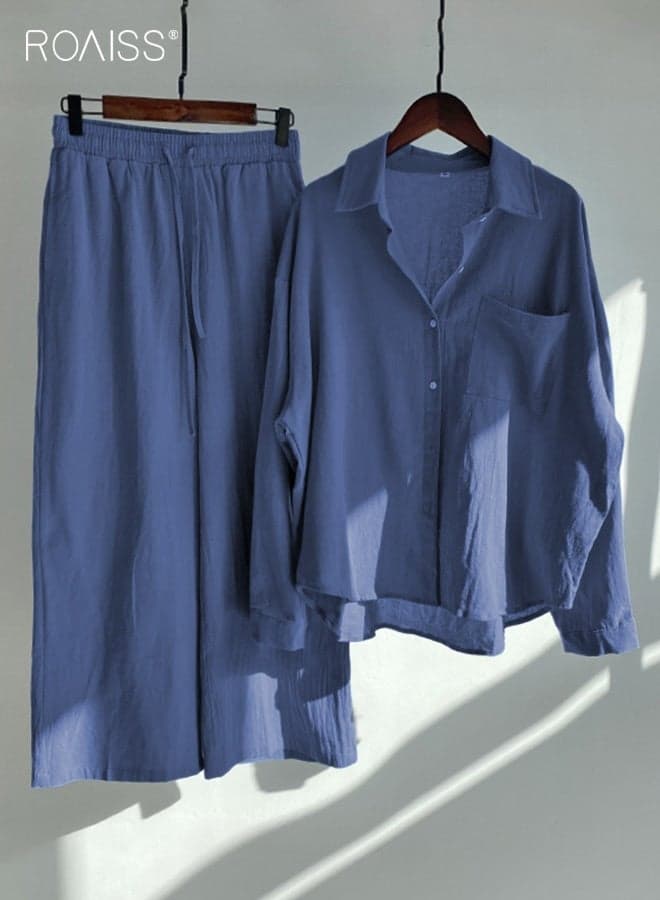 Ladies 2 Piece Shirt Set Fashion Classic Solid Color Cotton Linen Shirt Suit New Trend Summer Spring Plus Size Clothes for Women Breathable and Cool Long-Sleeve Lapel Shirt Loose Pants Blue