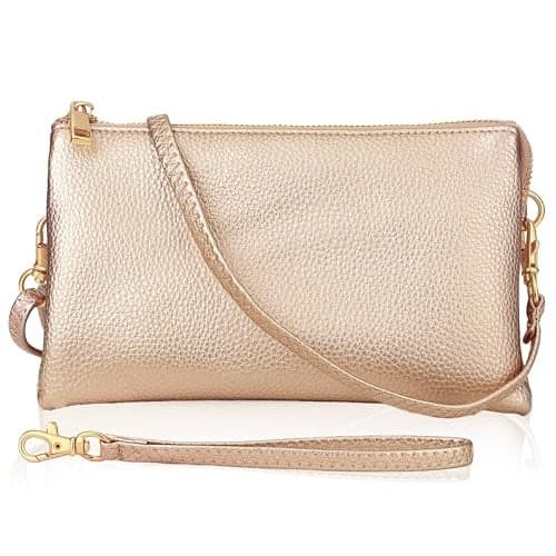 Vegan Leather Crossbody Wallet Purse - Dressy Champagne Clutch, Small Wristlet Purses for Women, Small Evening Bag for Bridesmaids or Wedding Guest, Metallic Rose Gold Clutch Bag, Pink Handbag