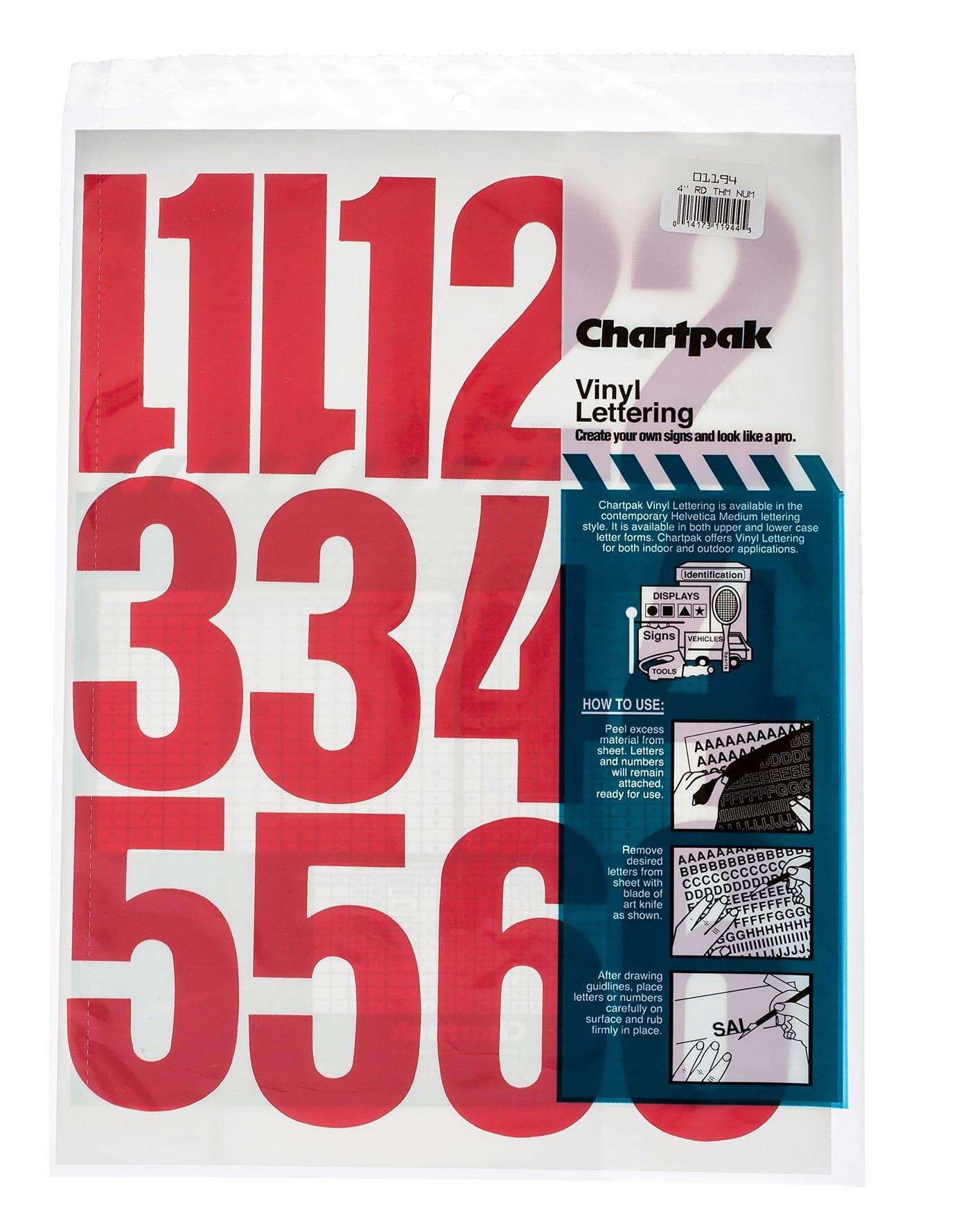 CHARTPAK SelfAdhesive Vinyl Numbers 4 Inches High Red 23 per Pack 01194