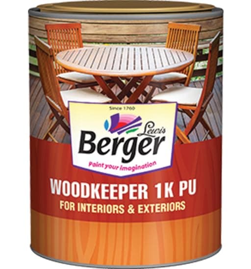 Berger Woodkeeper 1K PU Clear Wood Finish (Matt/Gloss) Ready-to-Use One Component Polish for Interior & Exterior Furniture, Door, Balconie & Railing | Brush/Cloth Apply | 36 Month Shelf Life | 4 L