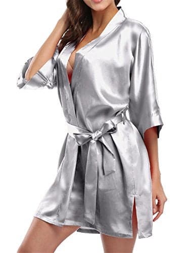 Giova Pure Color Satin Short Silky Bathrobe Sleepwear Nightgown Pajama,Silver,Small
