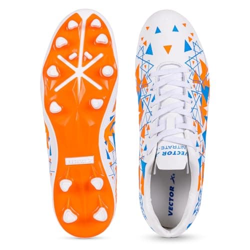 Vector X Mens Nitrate-X Synthetic Leather Upper|TPU Sole Football Shoes|Soccer Studs|Walking |Lace-Up|Comfortable Sports Boot Footwear Shoe for Adult, Men Boys (White-Orange)