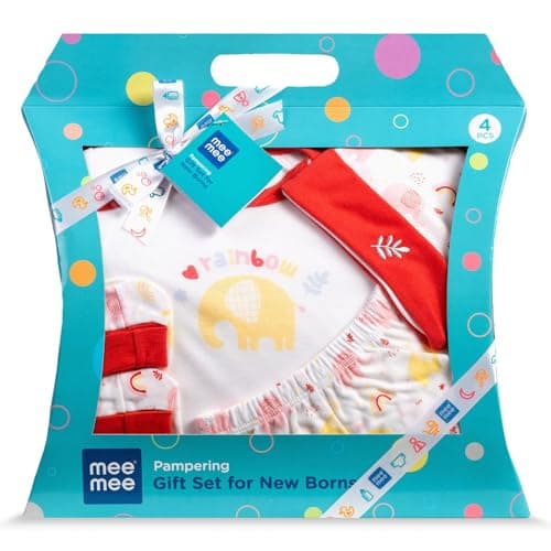 Mee Mee New Born Baby Gift Set | Soft Cotton Clothing Essentials for Infants/Baby Girls, Boys | Baby Shower Clothing Hamper (4 Pieces, Red)| Ideal Gift for New Born Baby