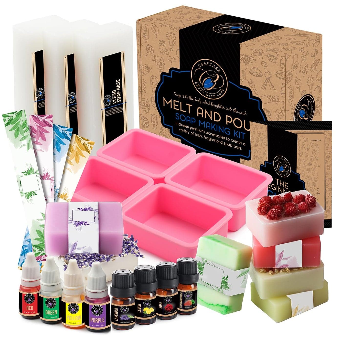 CraftZee Soap Making Kit Soap Making Supplies with Shea Butter Soap Base Silicone Loaf Soap Molds Soap Cutters Fragrances More DIY Homemade Melt Pour Soap Craft Kits for Adults Kids