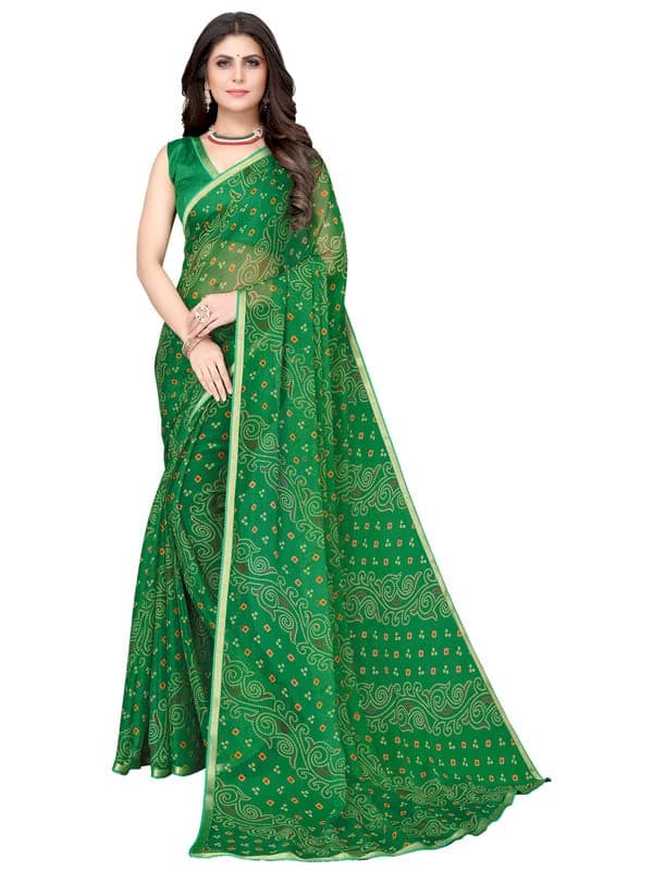 SIRIL Women's Bandhani Printed Chiffon Saree with Blouse(2605S190_Green)