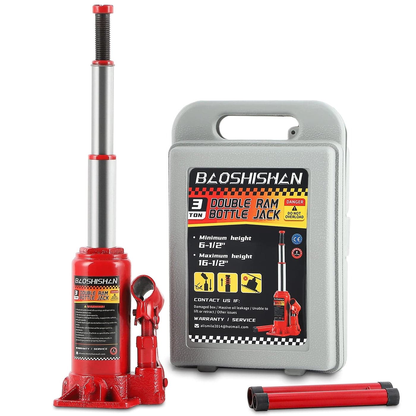 BAOSHISHAN 3 Ton Double Ram Bottle Jack 612 to 1612 Lifting Range Portable Hydraulic Bottle Jack with Carrying Case
