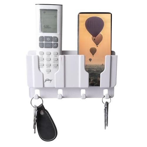 WALLVIEW TECH Plastic Wall Mount Mobile Holder with Remote Control Storage Racks, Key Hanger, Pen Holder Space/Self-Adhesive/Multi Purpose Accessories (White)