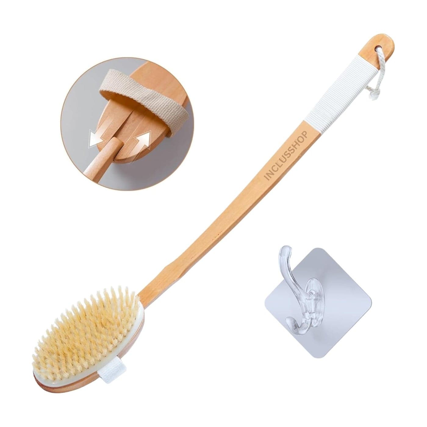 INCLUSSHOP Detachable Wooden Bath Brush with Long Handle Natural Bristles for 2in1 Wet Dry Brushing Exfoliation Blood Flow Stimulation Body Scrubber for Smooth Skin Reducing All Skin Types With Hakking Hook