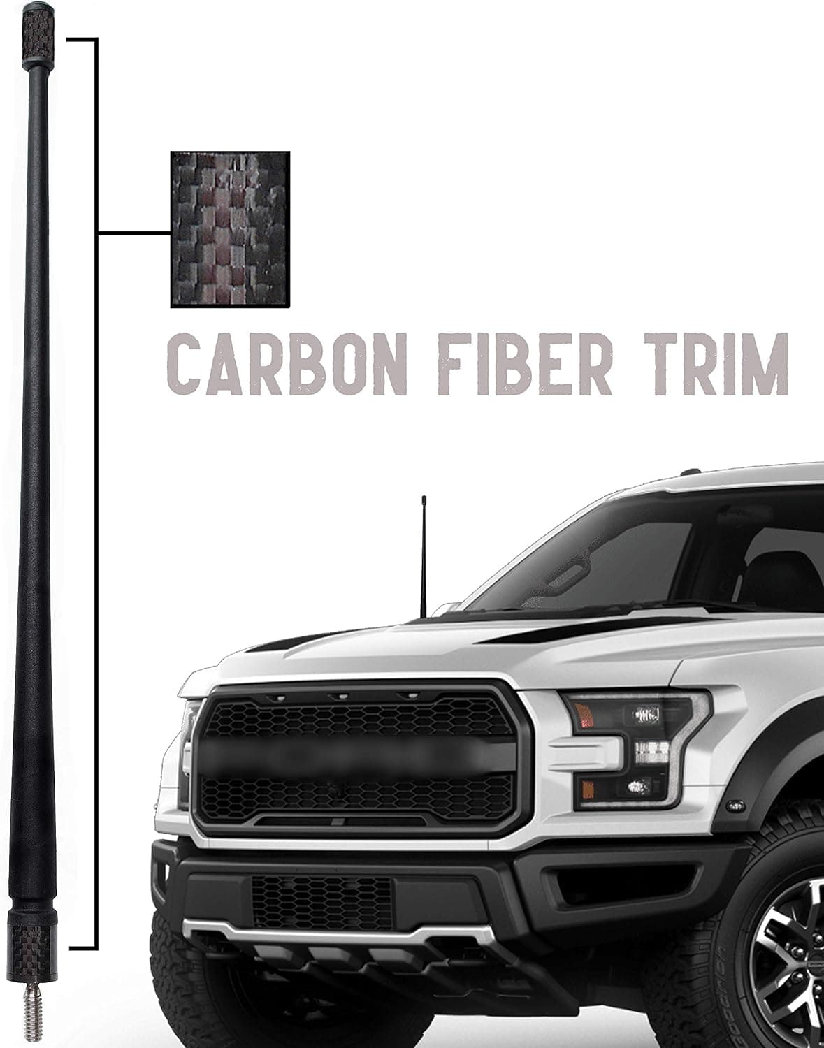 Votex 13 3/4 Inch Rubber Antenna for Ford F-Series and Bronco - Black Carbon Fiber Trim