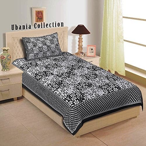 UBANIA COLLECTION-We believe in customers satisfaction ® Cotton Comfort Rajasthani Jaipuri Traditional Sanganeri Print 144 TC Single Bedsheet with 1 Pillow Covers (Black, Twin)