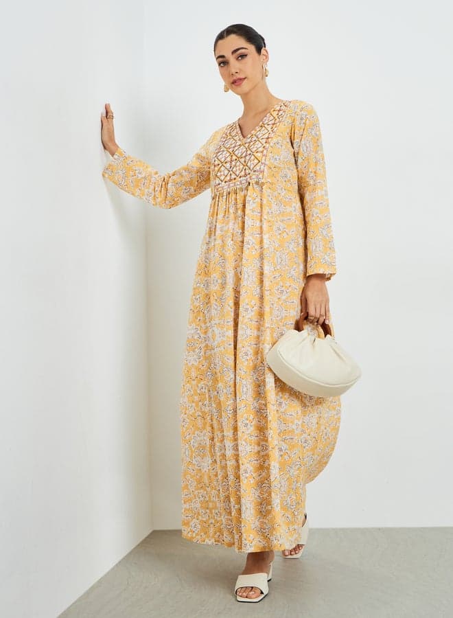 Yellow Floral Printed Embroidered A-Line Jalabiya